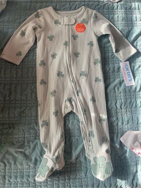 Carter's Mint Clover Ribbed Zip Footed Sleep and Play Pajamas